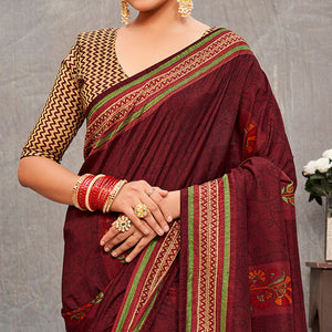Dark Maroon Printed With Embroidery Tussar Silk Saree