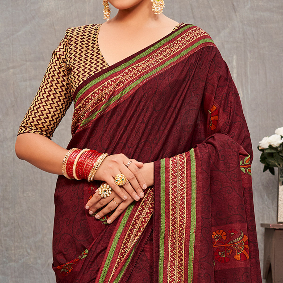 Dark Maroon Printed With Embroidery Tussar Silk Saree