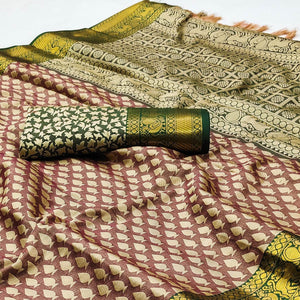 Brown Woven Cotton Silk Saree With Tassels