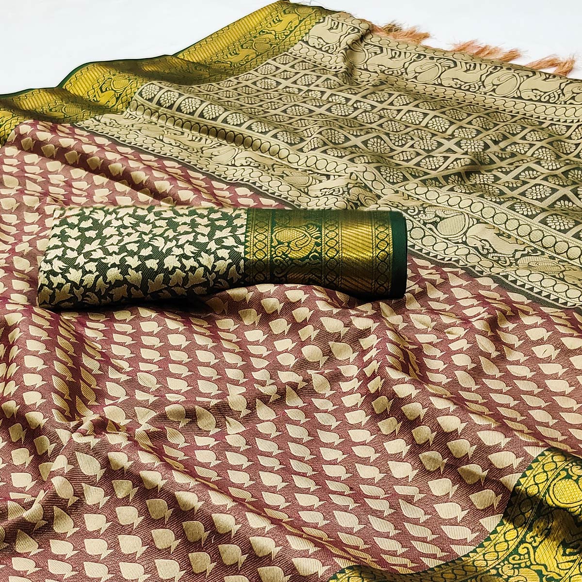 Brown Woven Cotton Silk Saree With Tassels