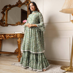 green-printed-georgette-sharara-suit-with-crosia-border