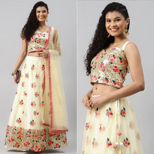 Cream Floral Embroidered Netted Lehenga Choli