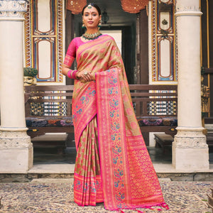 Chikoo Woven Kanjivaram Silk Saree With Tassels