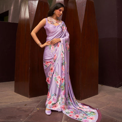 Light Purple Floral Digital Printed Satin Saree