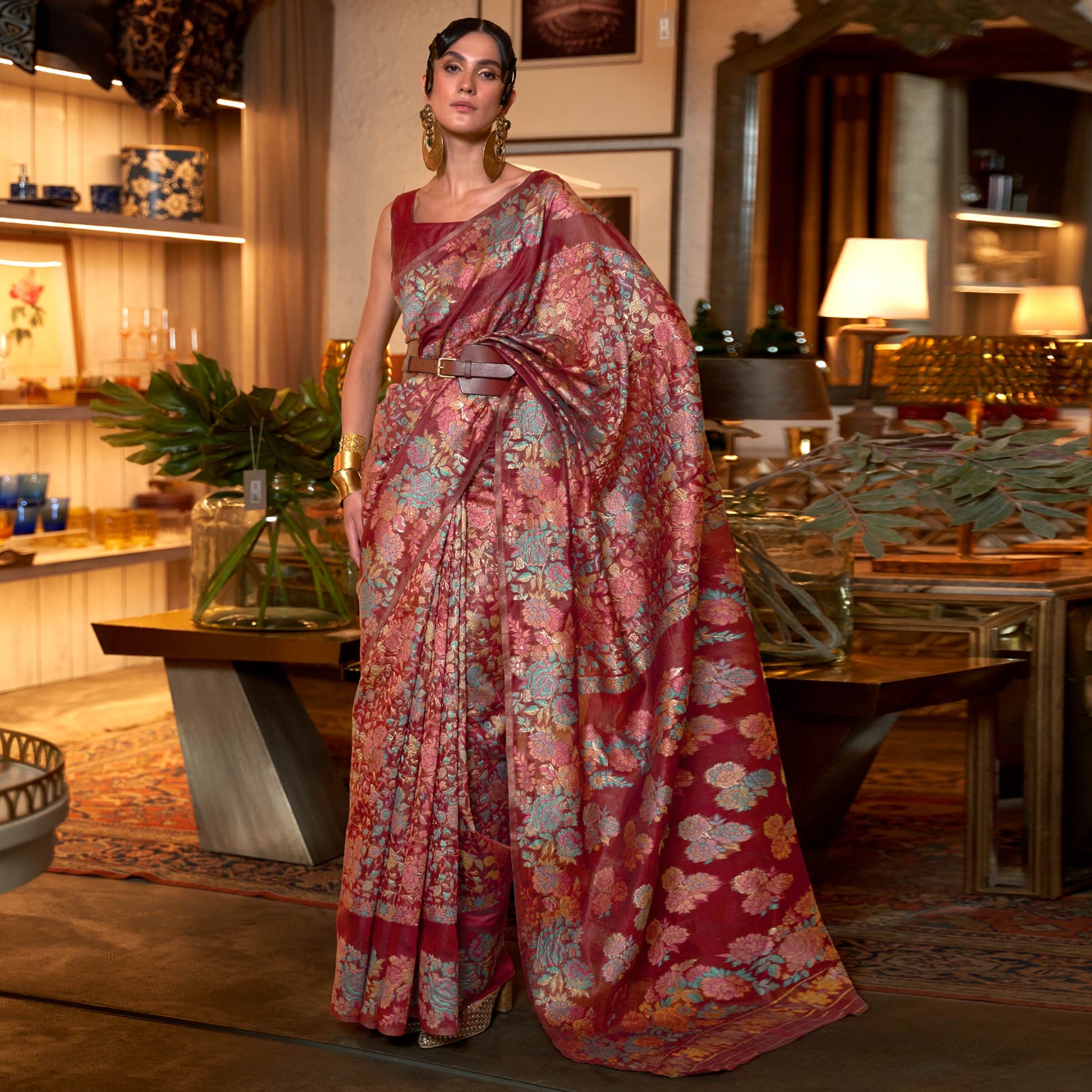 Maroon Floral Woven Art Silk Saree