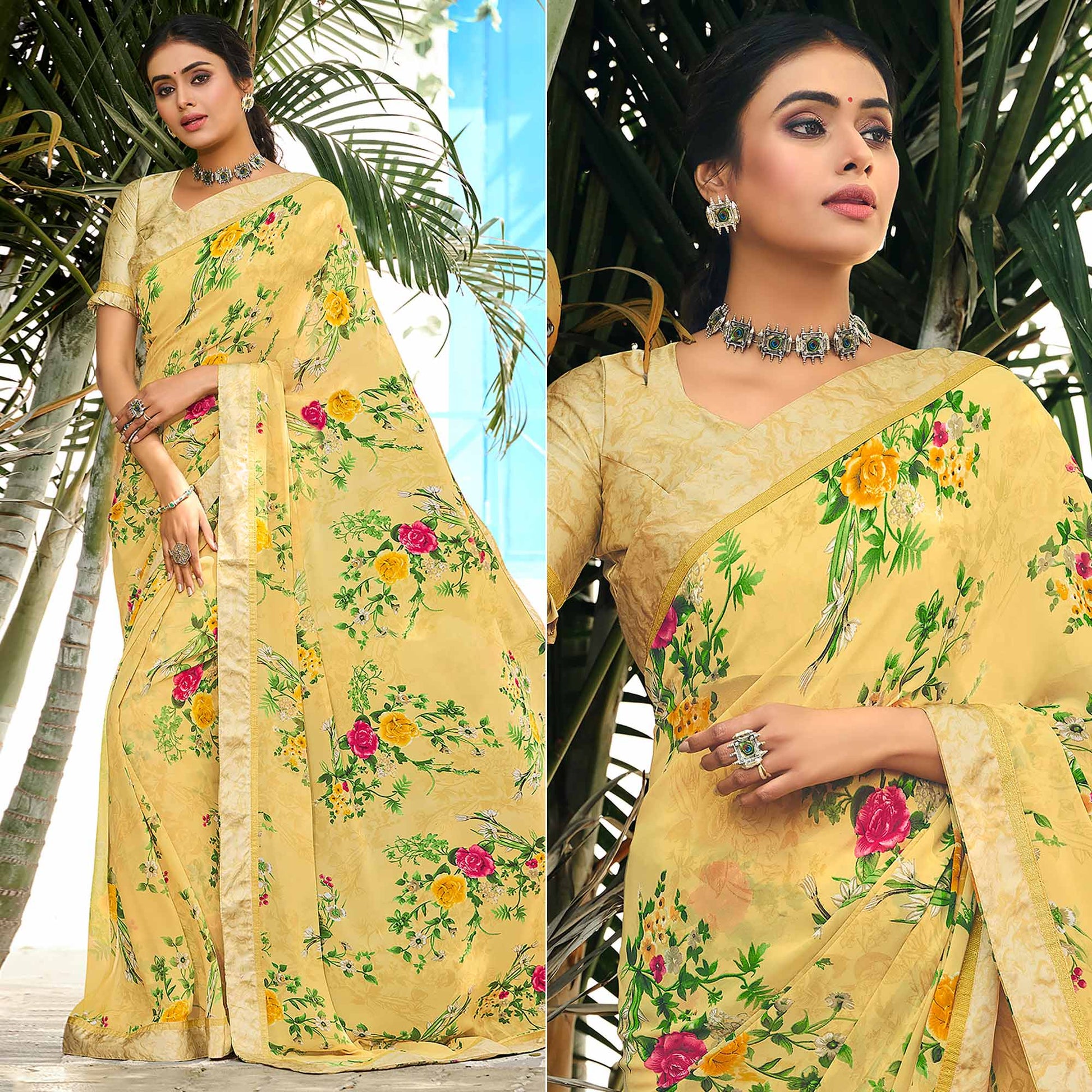 Lemon Yellow Floral Printed Georgette Saree