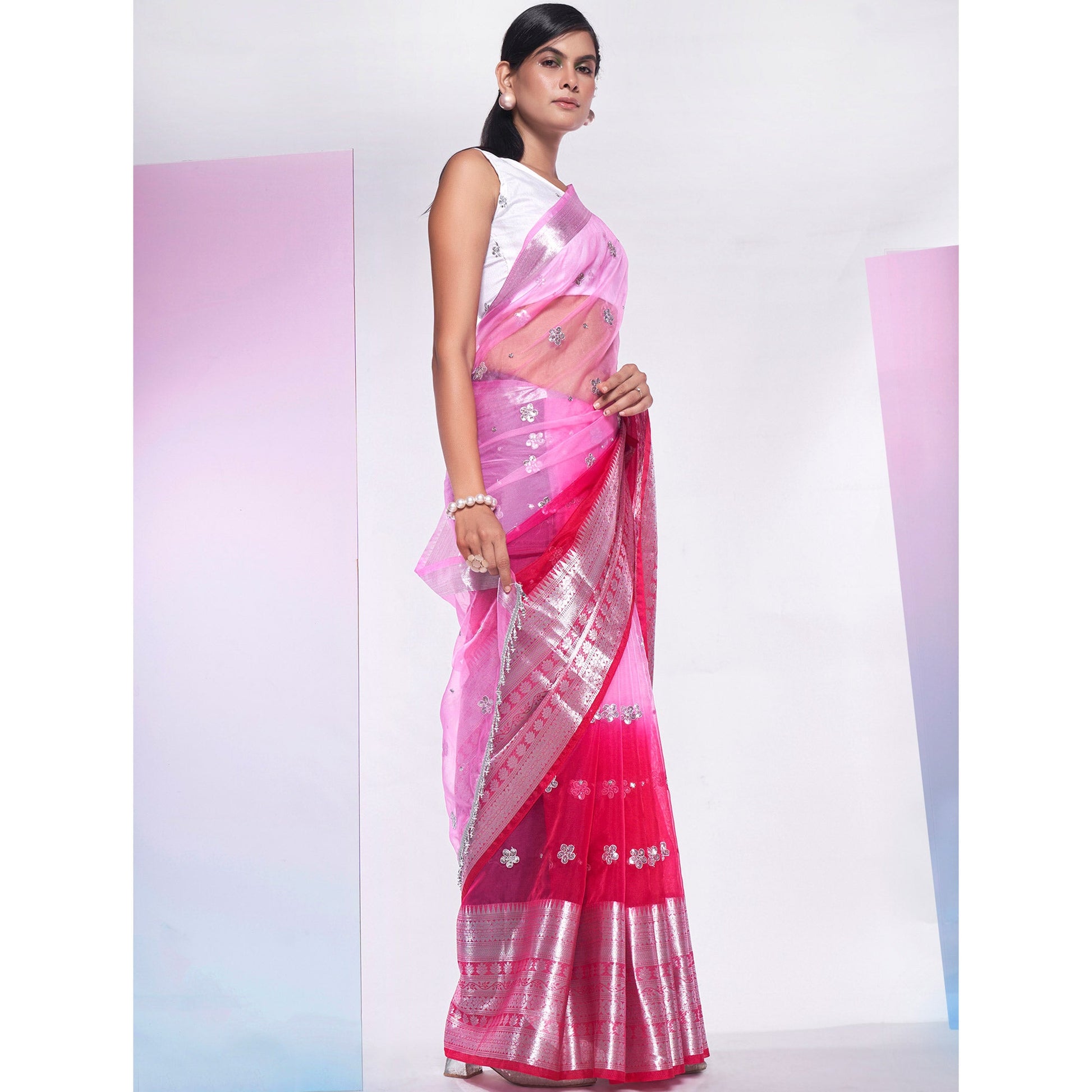Light Pink Sequins Embroidered Organza Saree