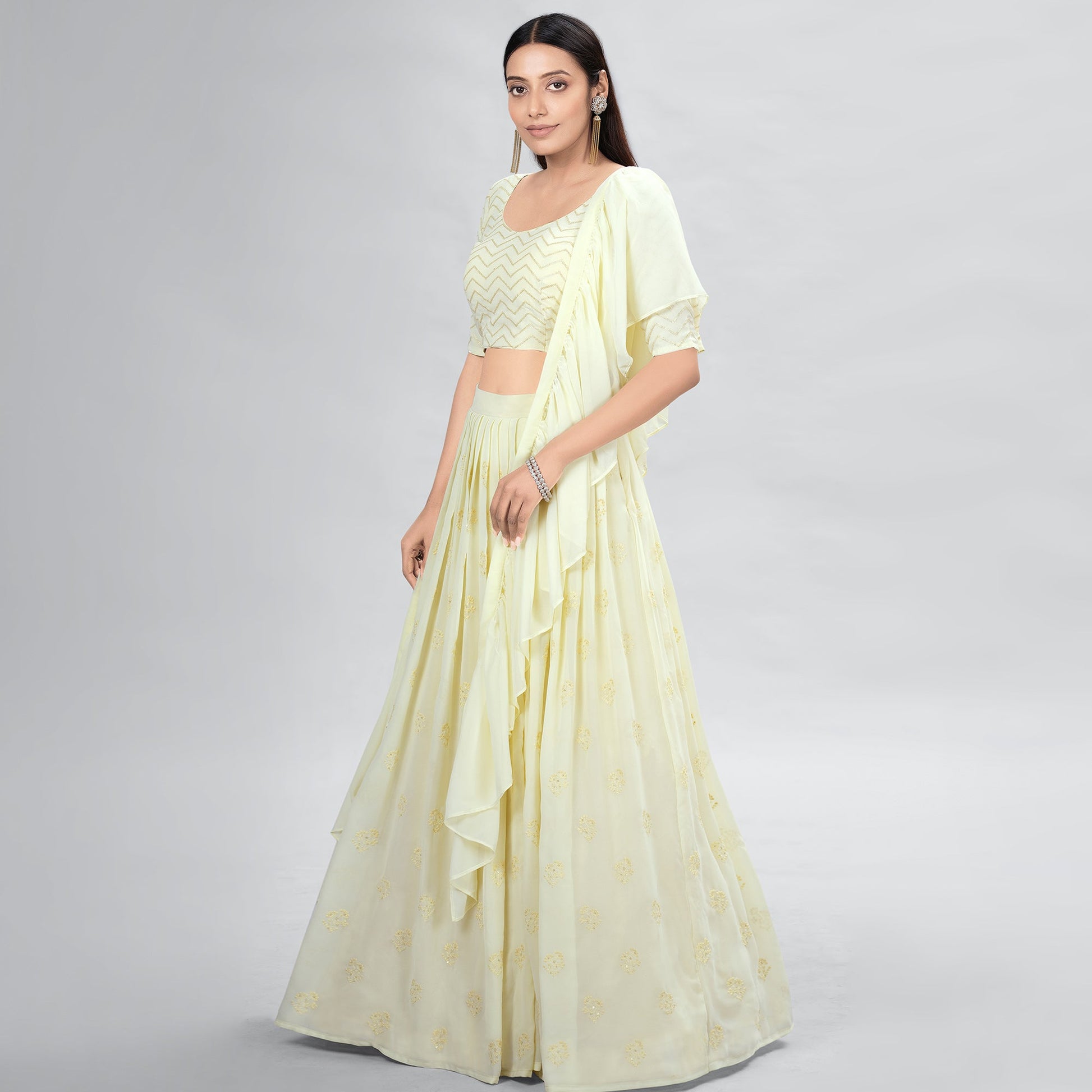 Cream Embroidered Georgette Lehenga Choli