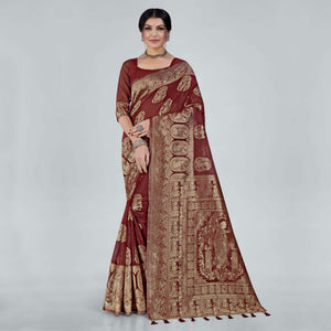 Maroon Woven Organza Saree With Tassels