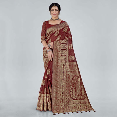 Maroon Woven Organza Saree With Tassels