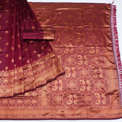 Maroon Woven Jacquard Saree With Tassels