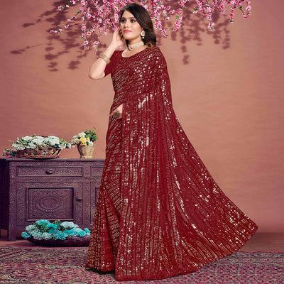 Maroon Sequins Emroidered Georgette Saree