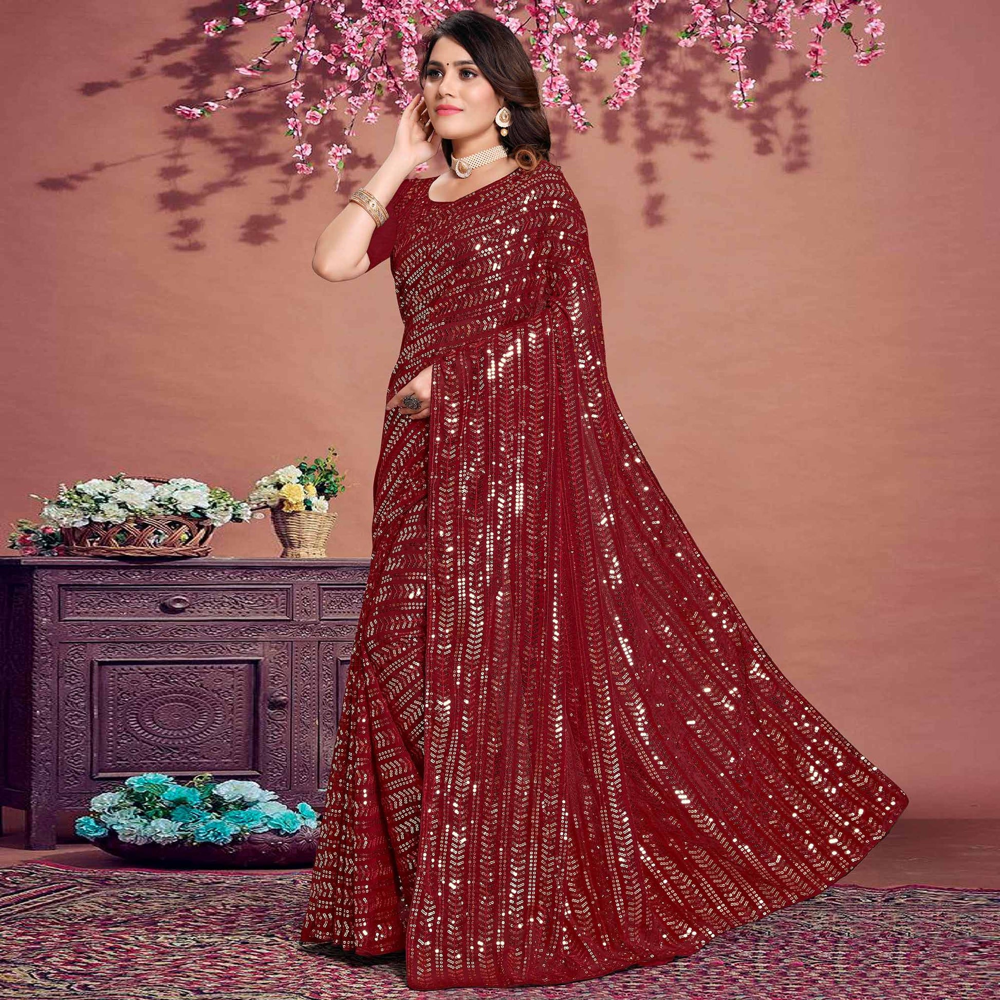 Maroon Sequins Emroidered Georgette Saree