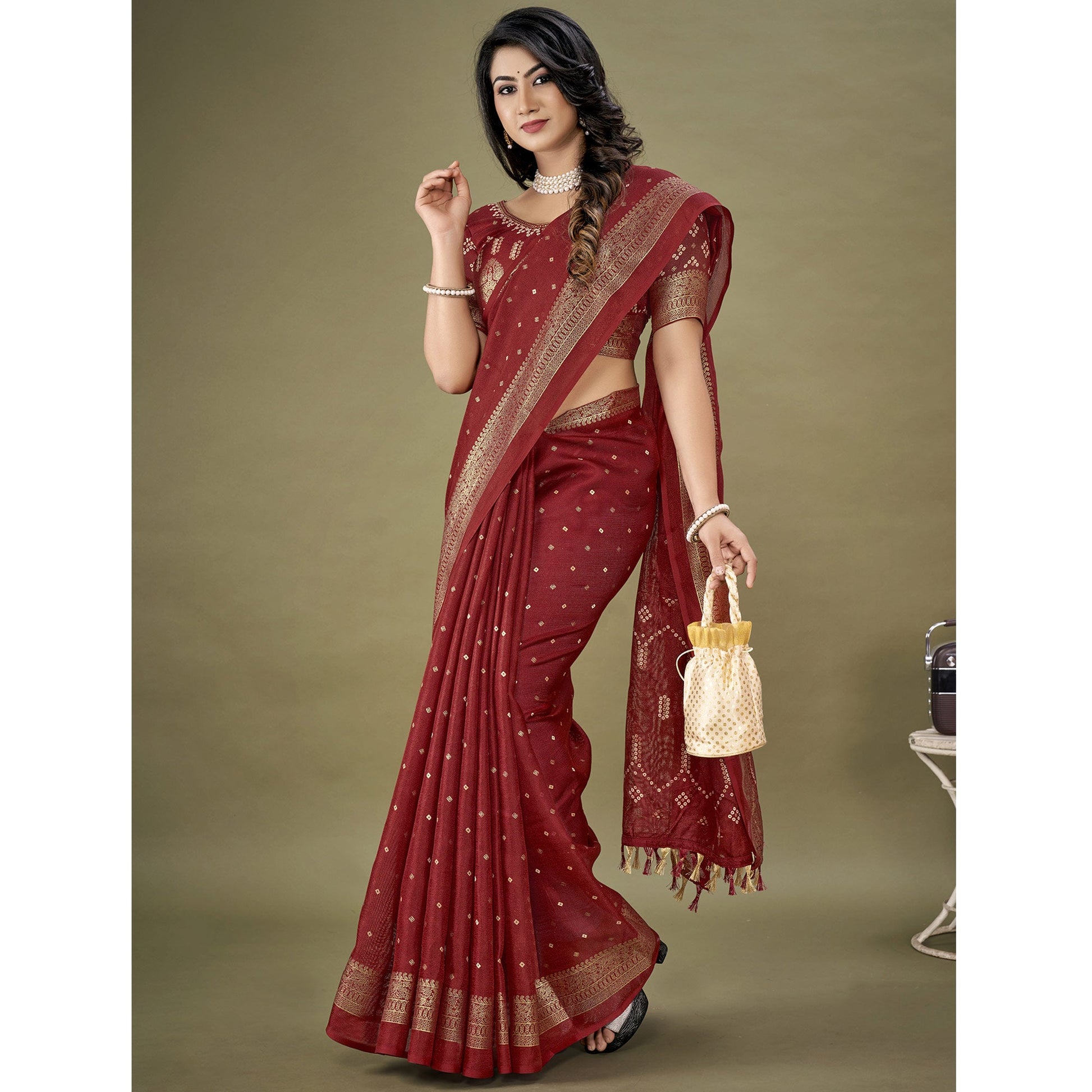 Maroon Bandhani Printed With Zari Border Jute Saree