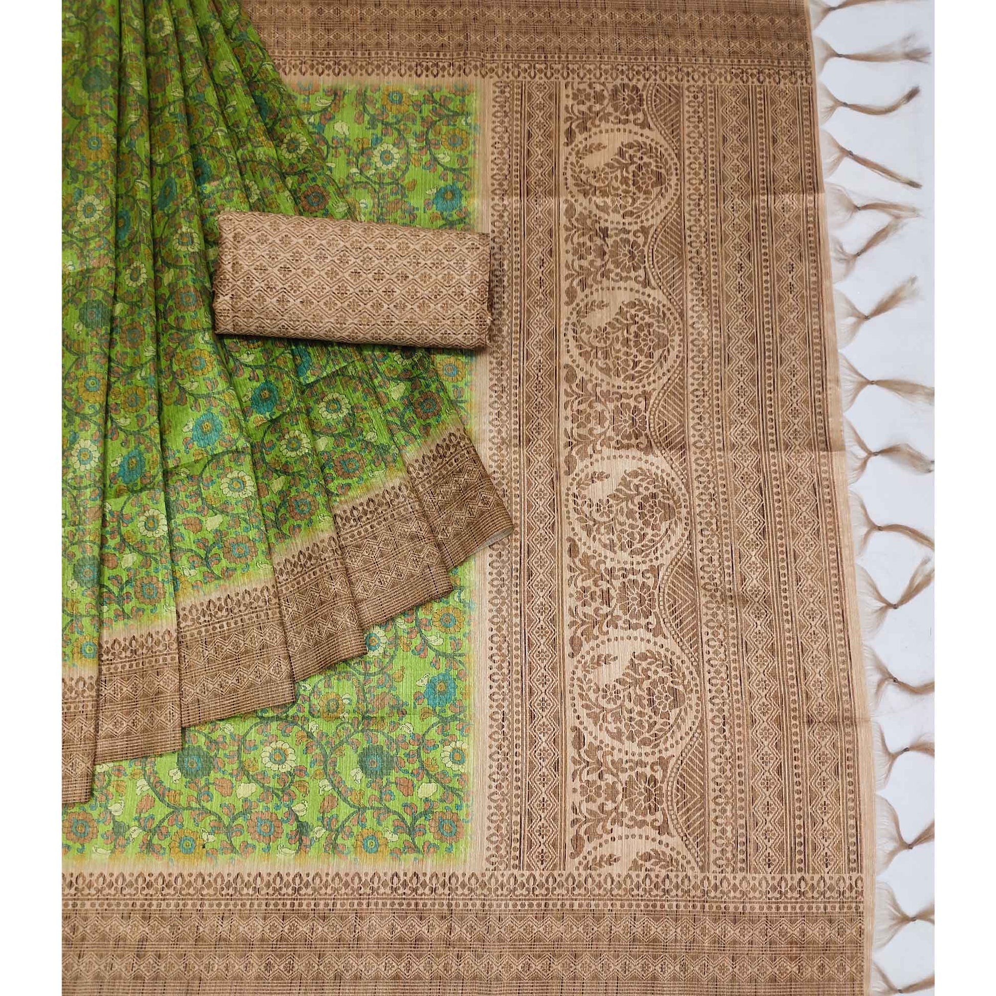 green-floral-printed-cotton-silk-saree-with-tassels