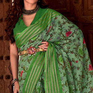 green-floral-printed-linen-saree