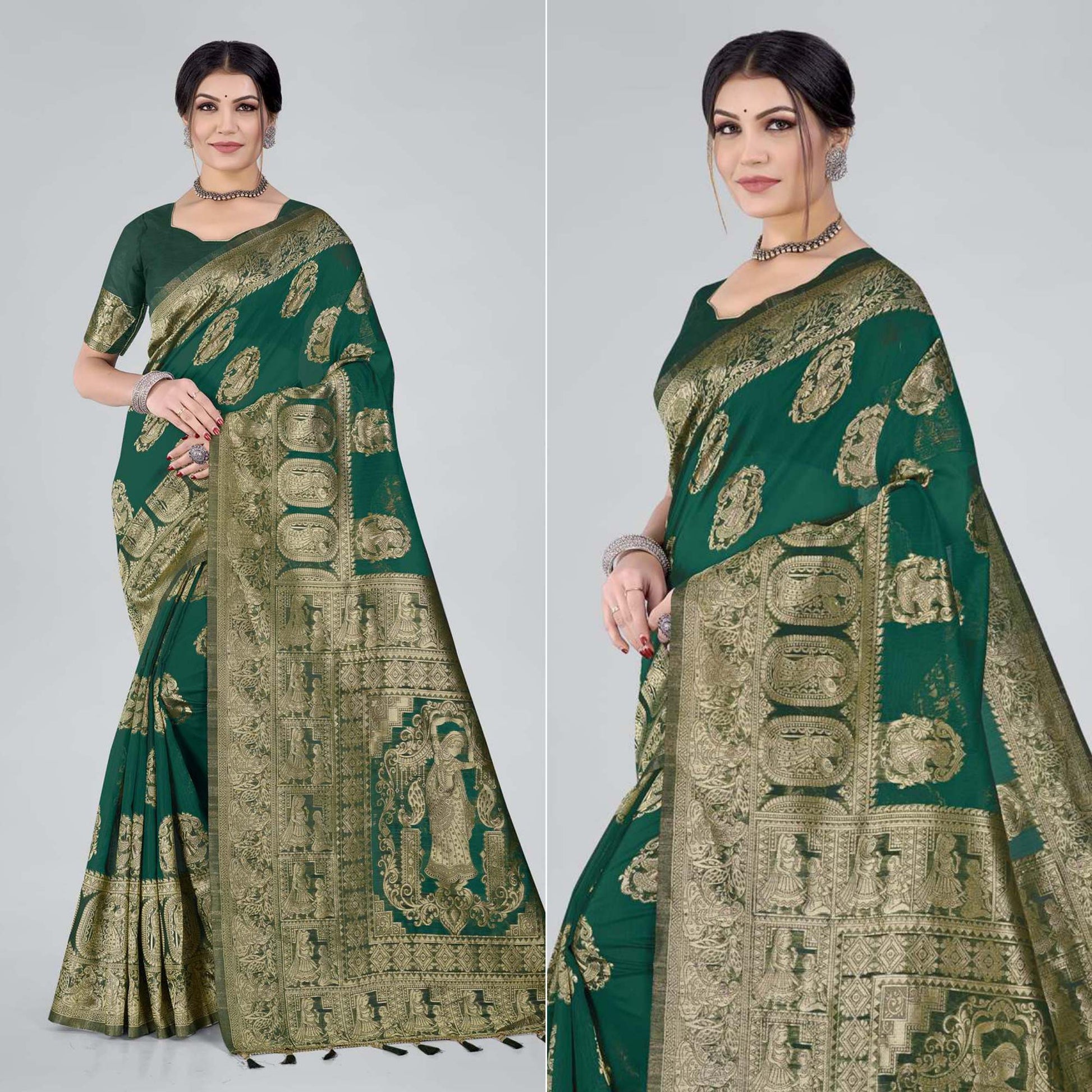 green-woven-organza-saree-with-tassels-4
