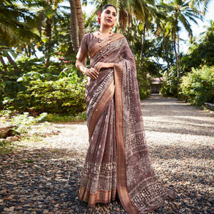 Brown Printed With Woven Border Cotton Saree