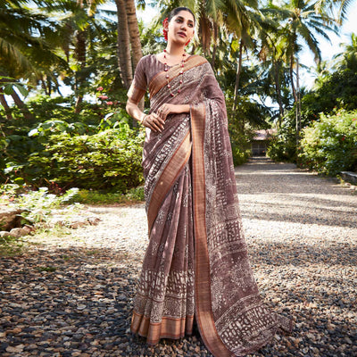 Brown Printed With Woven Border Cotton Saree