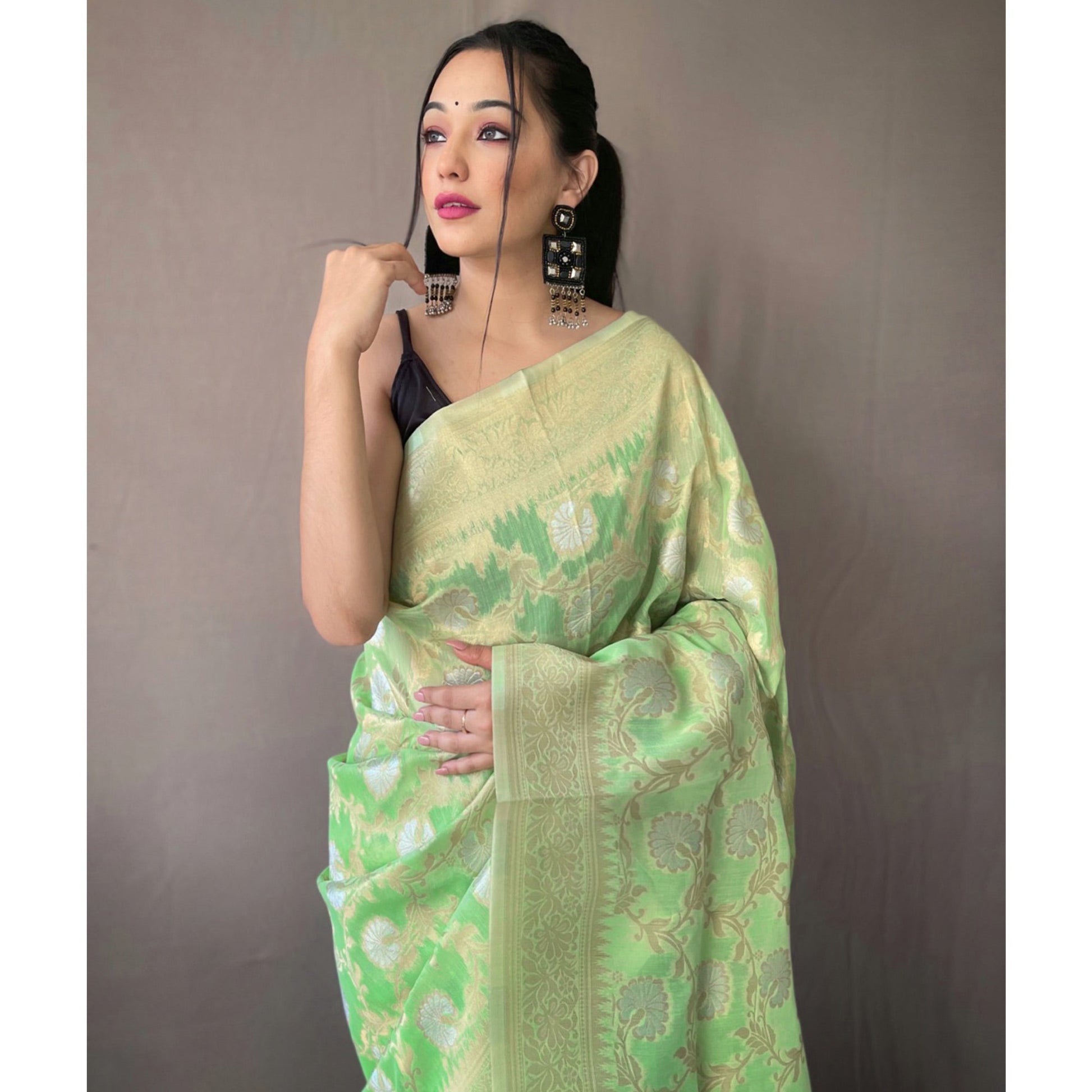 green-floral-woven-linen-saree