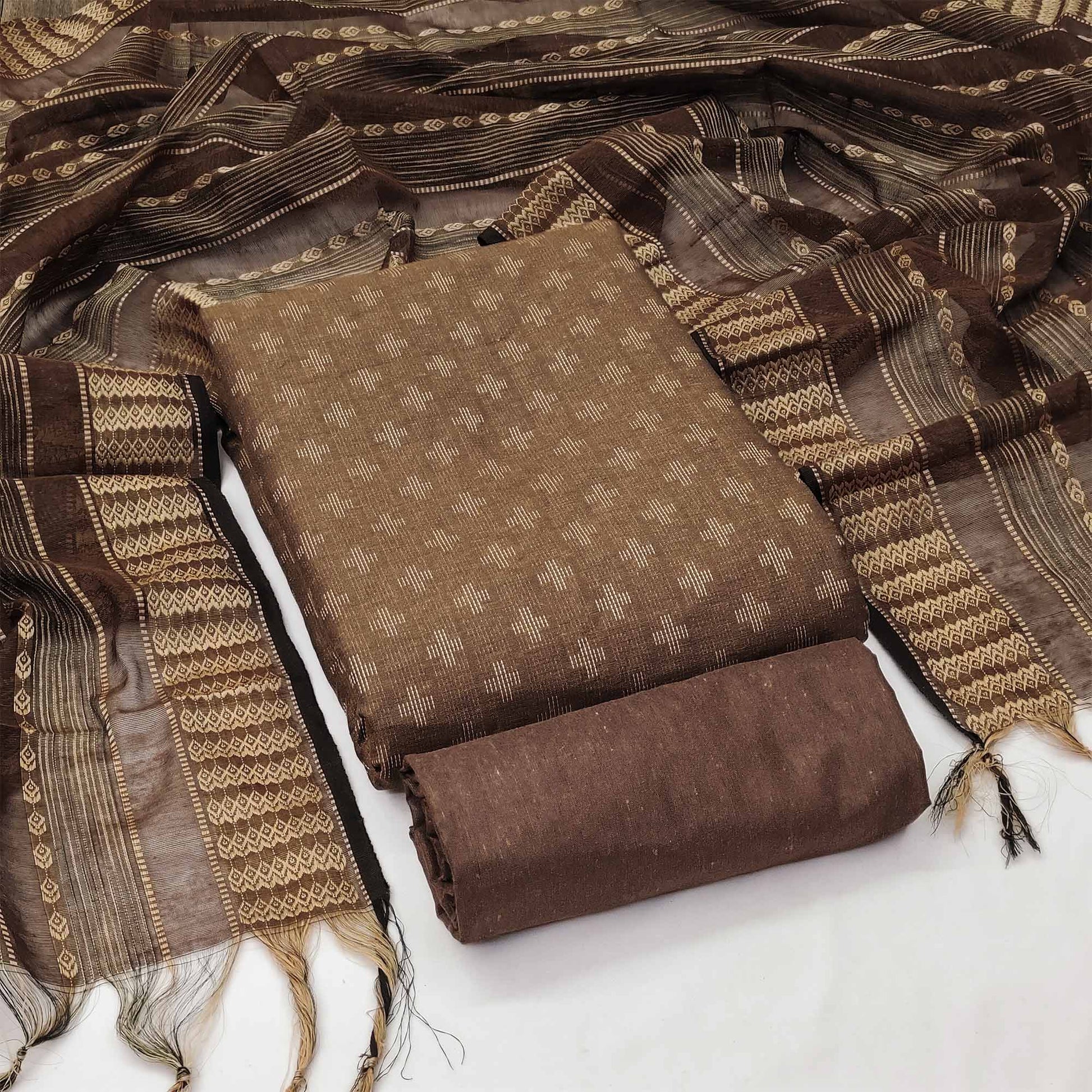 Coffee Brown Woven Cotton Blend Dress Material