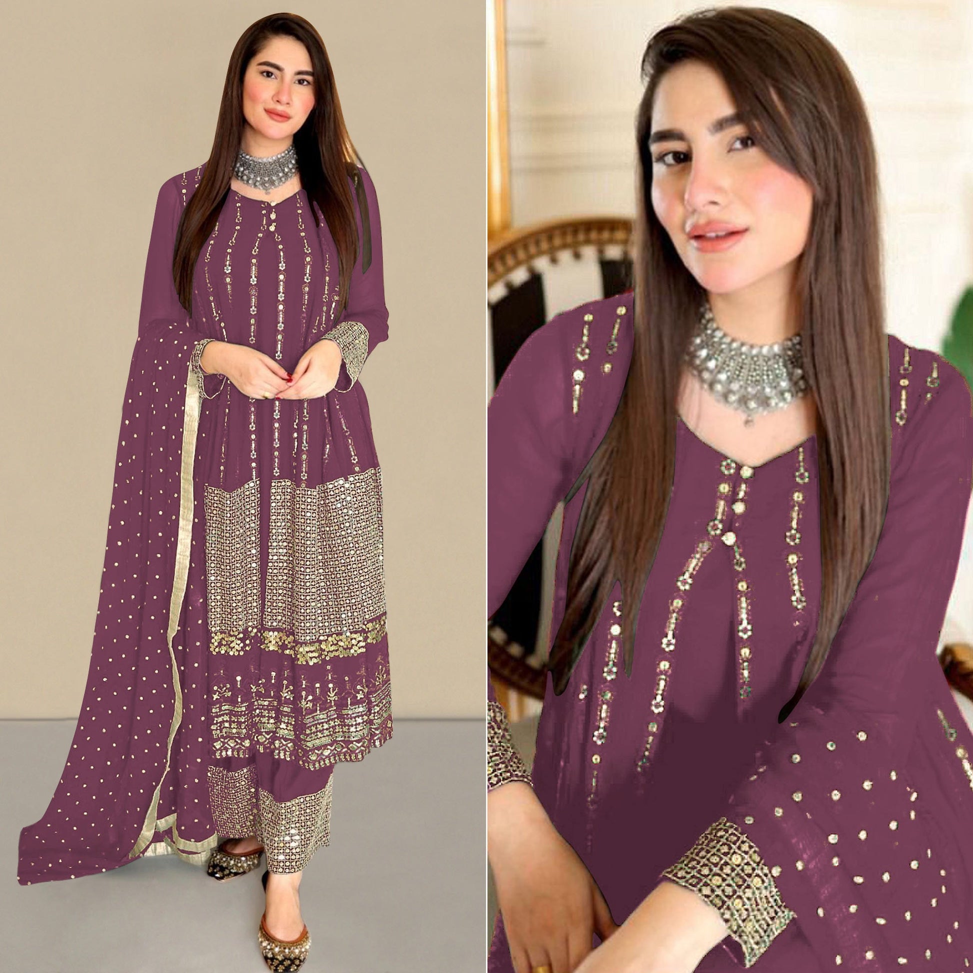 Mauve Sequins Embroidered Georgette Pakistani Suit