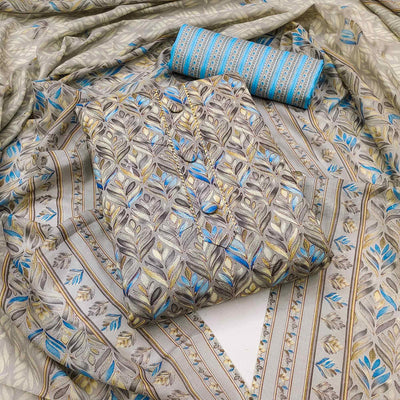 Grey Printed Cotton Blend Dress Material