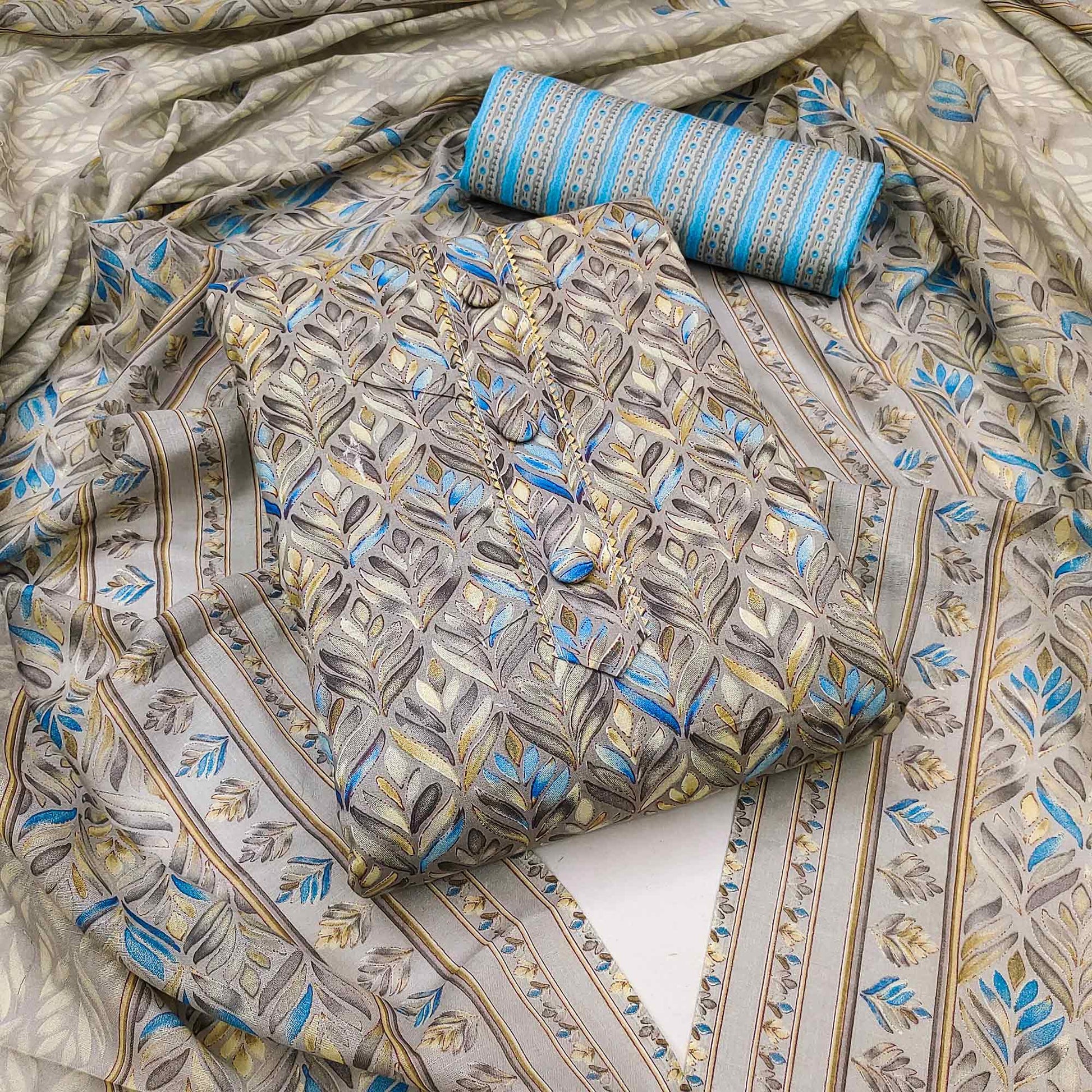 Grey Printed Cotton Blend Dress Material