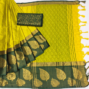 Lemon Green Woven Cotton Silk Saree With Tassels