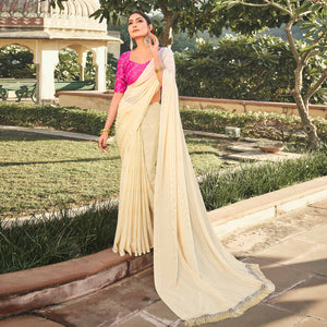 Cream Printed Georgette Saree With Tassels