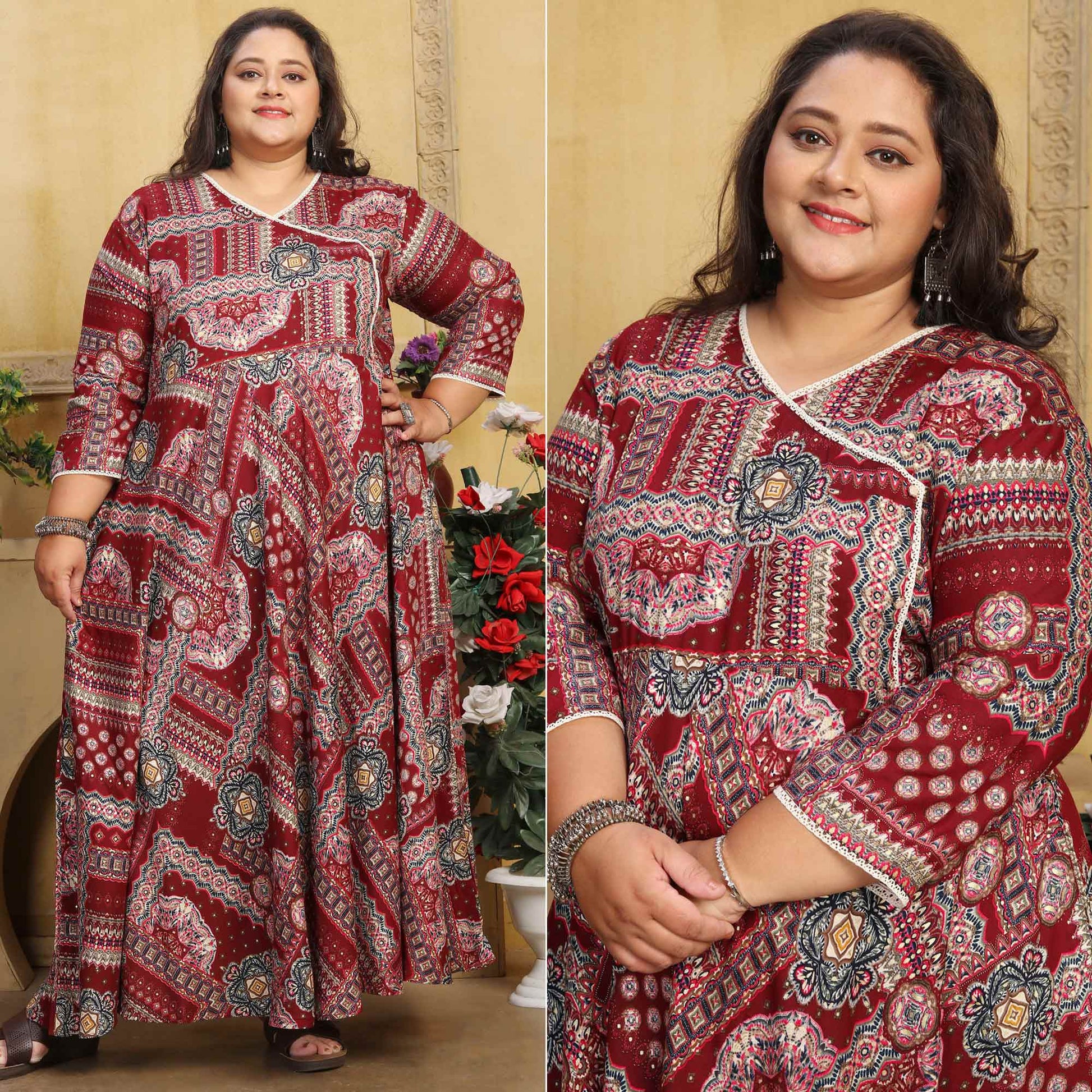 Maroon Floral Printed Long Kurti