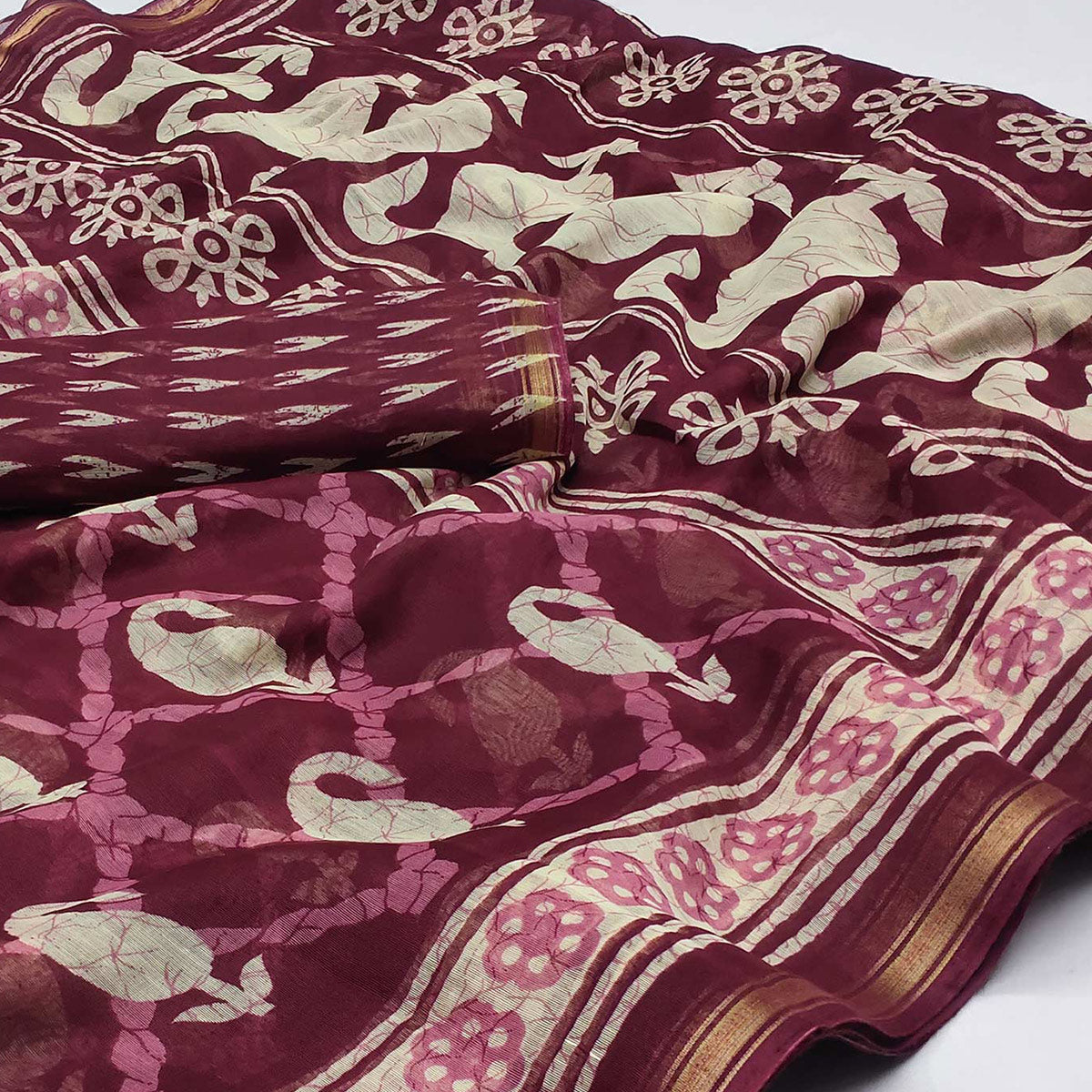 Maroon Printed Cotton Blend Saree
