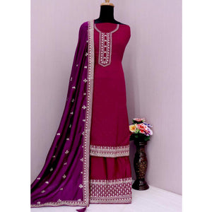 Magenta Purple  Embroidered Georgette Semi Stitched Palazzo Suit