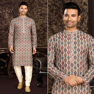 Multicolor Lucknowi And Digital Printed Cotton Kurta Pyjama Set