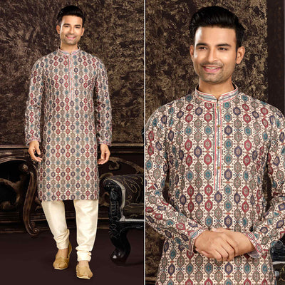 Multicolor Lucknowi And Digital Printed Cotton Kurta Pyjama Set