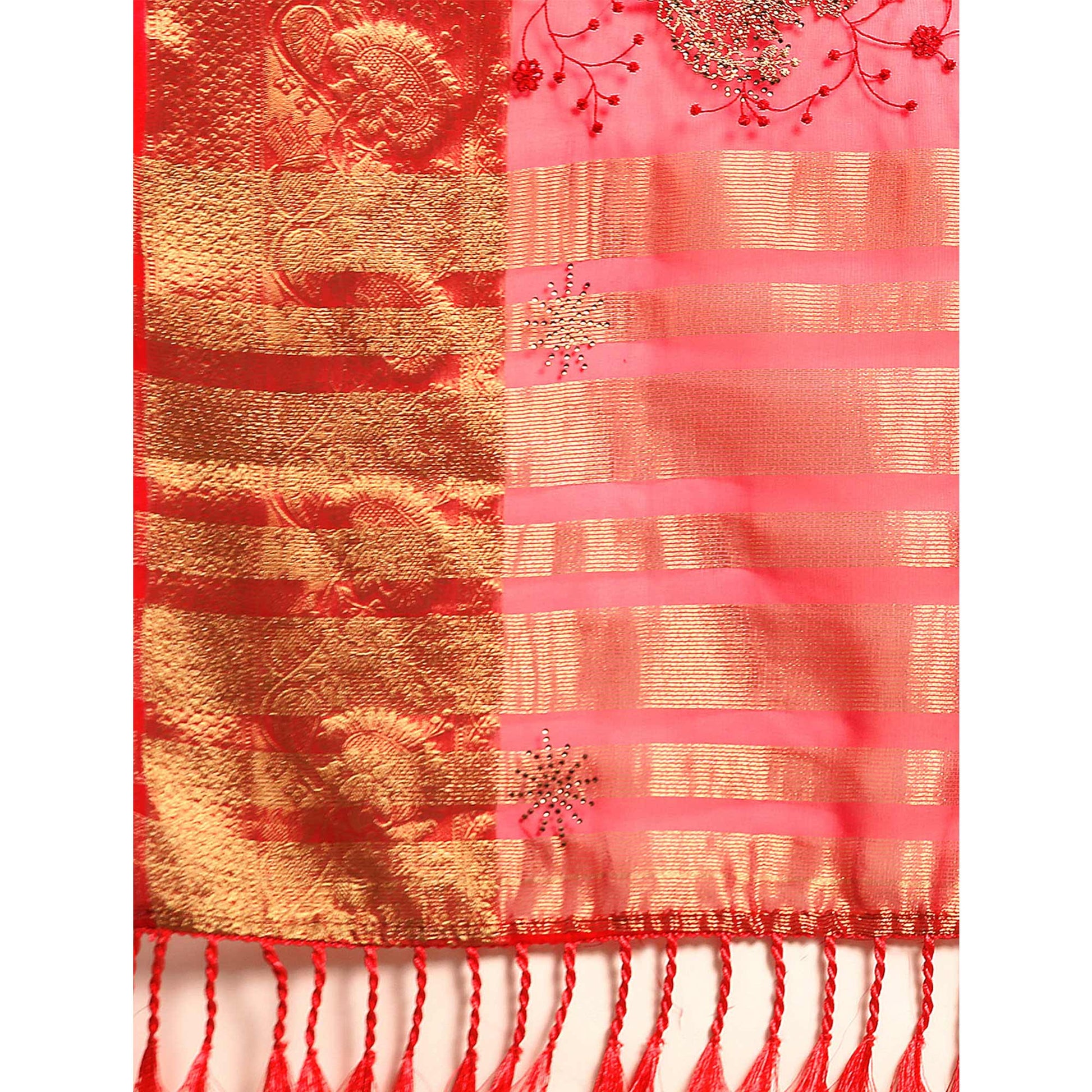 Maroon Floral Embroidered Organza Saree