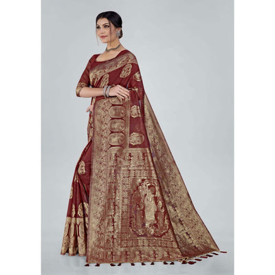 Maroon Woven Organza Saree With Tassels