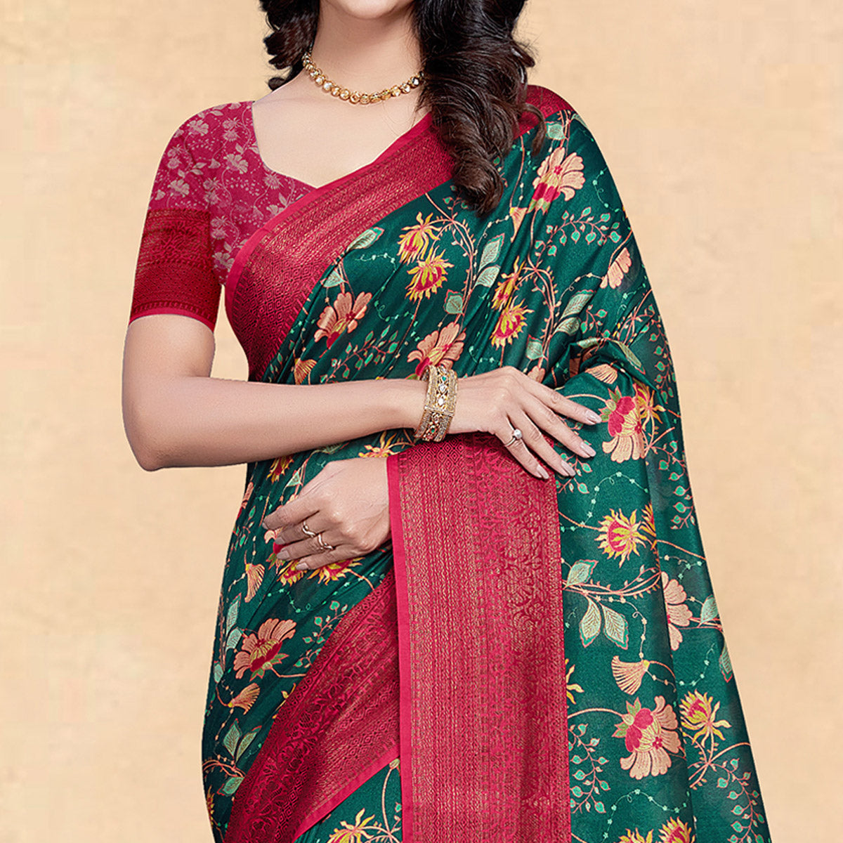 Dark Green Floral Digital Printed Tussar Silk Saree