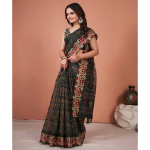 green-floral-printed-cotton-saree-with-tassels