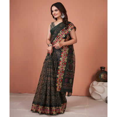 green-floral-printed-cotton-saree-with-tassels