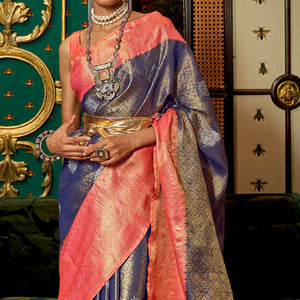 Blue Woven Art Silk Saree With Tassels