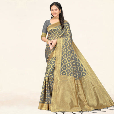 Grey Woven Cotton Saree With Tassels