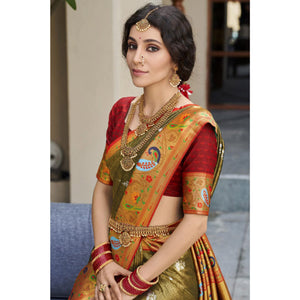 Mehendi Green Woven Kanjivaram Silk Paithani Saree With Tassels