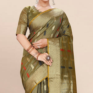 Mehendi Green Woven Organza Saree With Tassels