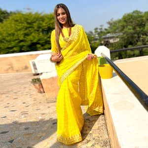 Lemon Yellow Checks With Embroidered Border Modal Saree