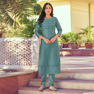 green-embroidered-art-silk-kurti-pant-set