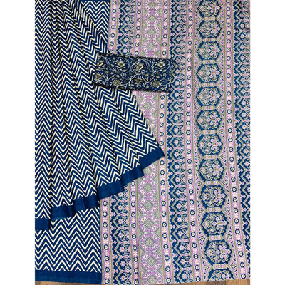 Blue Striped Printed Art Silk Saree