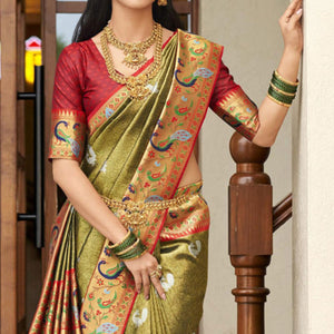 Mehendi Green Woven Kanjivaram Silk Paithani Saree With Tassels