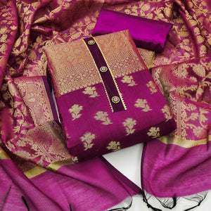 Magenta Pink Floral Woven Banarasi Silk Dress Material