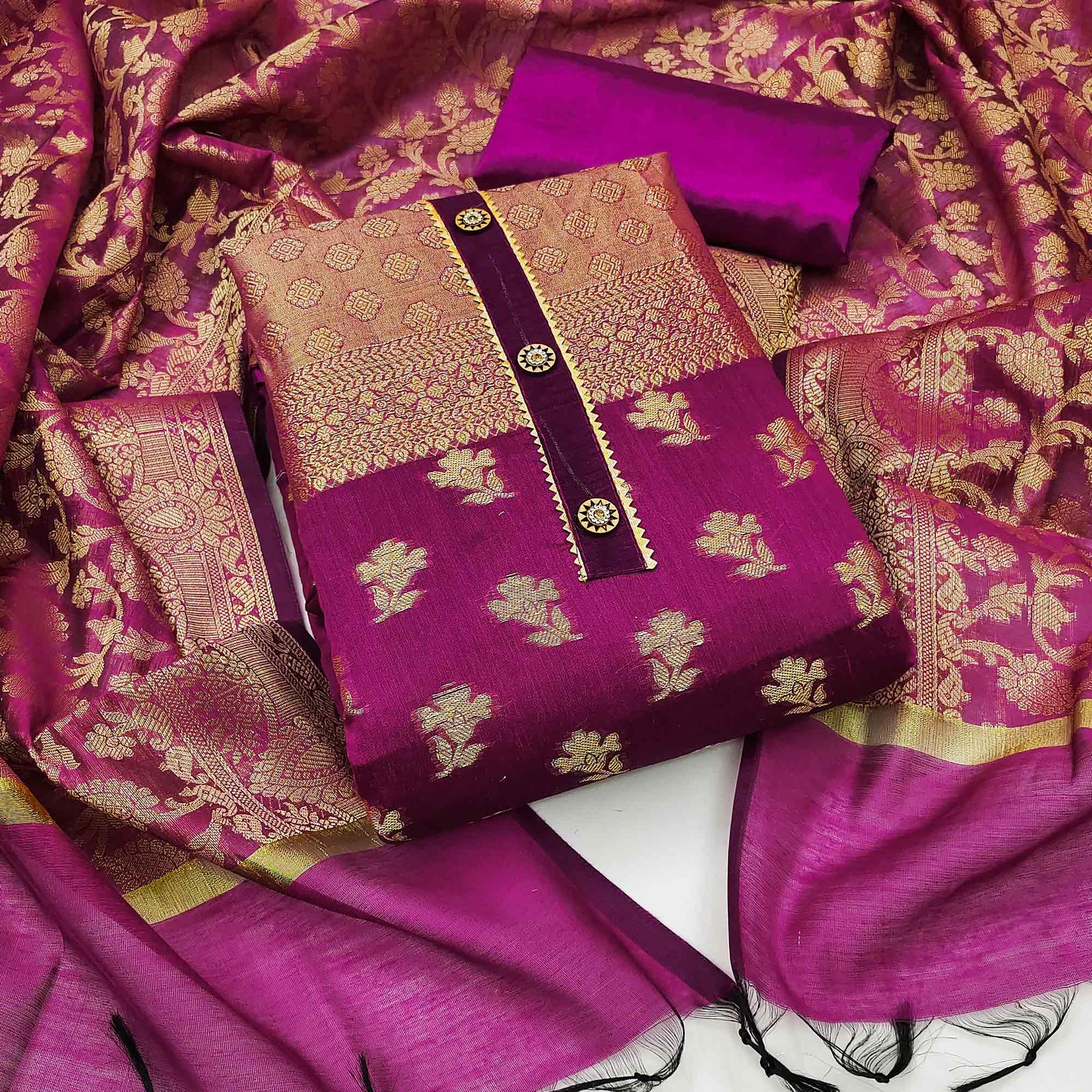 Magenta Pink Floral Woven Banarasi Silk Dress Material